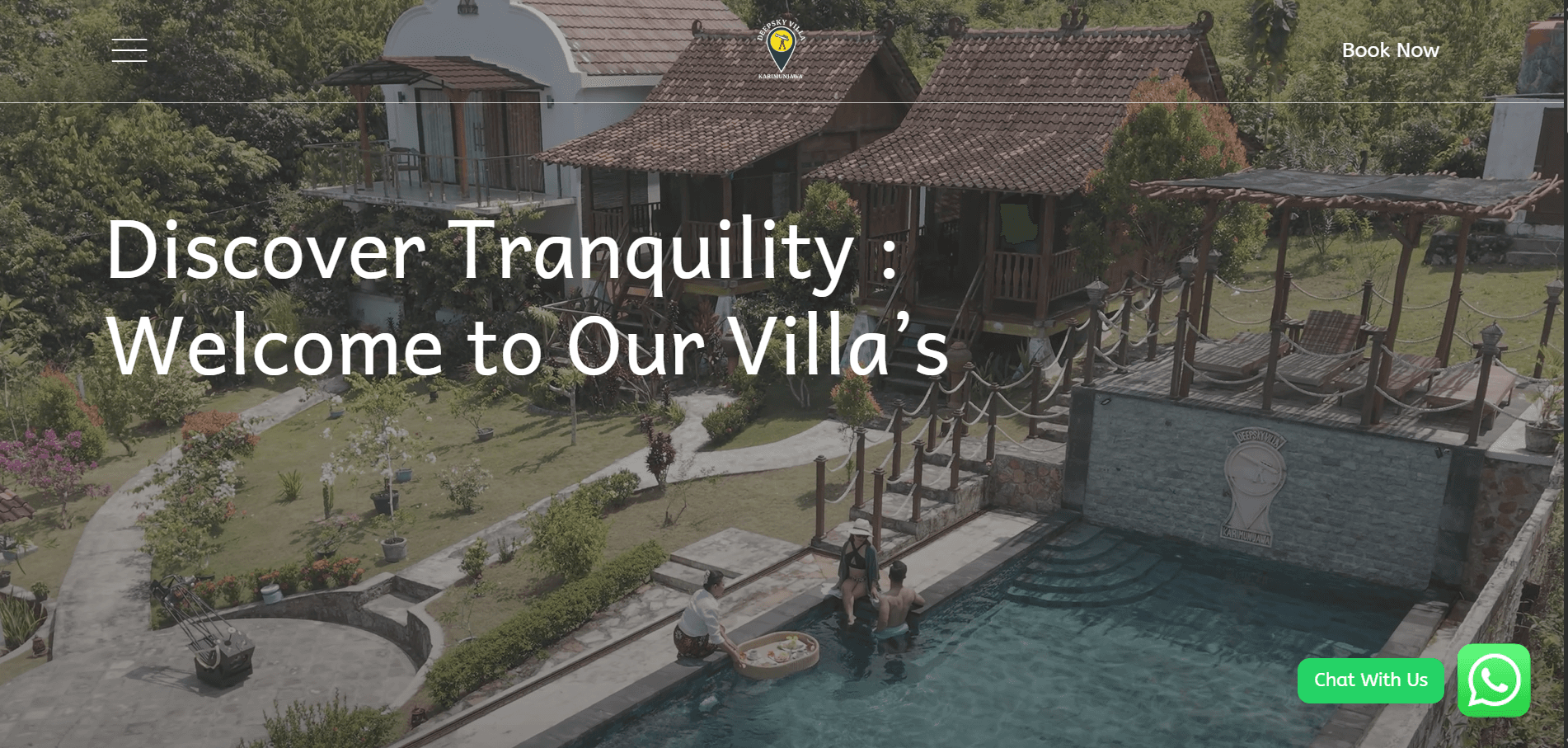 Deep Sky Villa homepage showing the villa grounds and pool