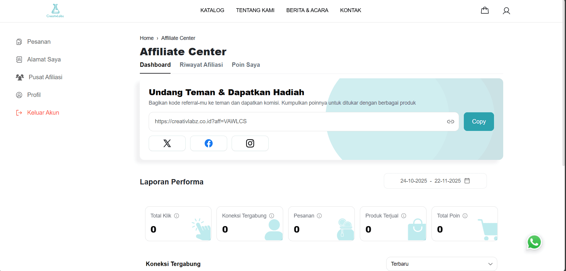 CreativLabz affiliate dashboard showing referral tools and performance cards